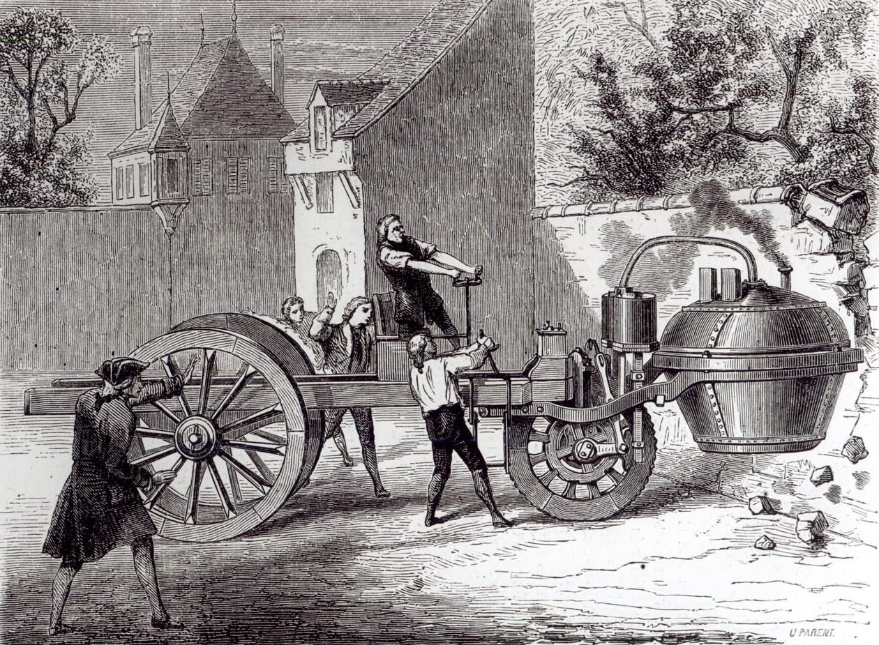 Steam-powered car invented by Nicolas Joseph Cugnot (1725-1804) in 1771 ...