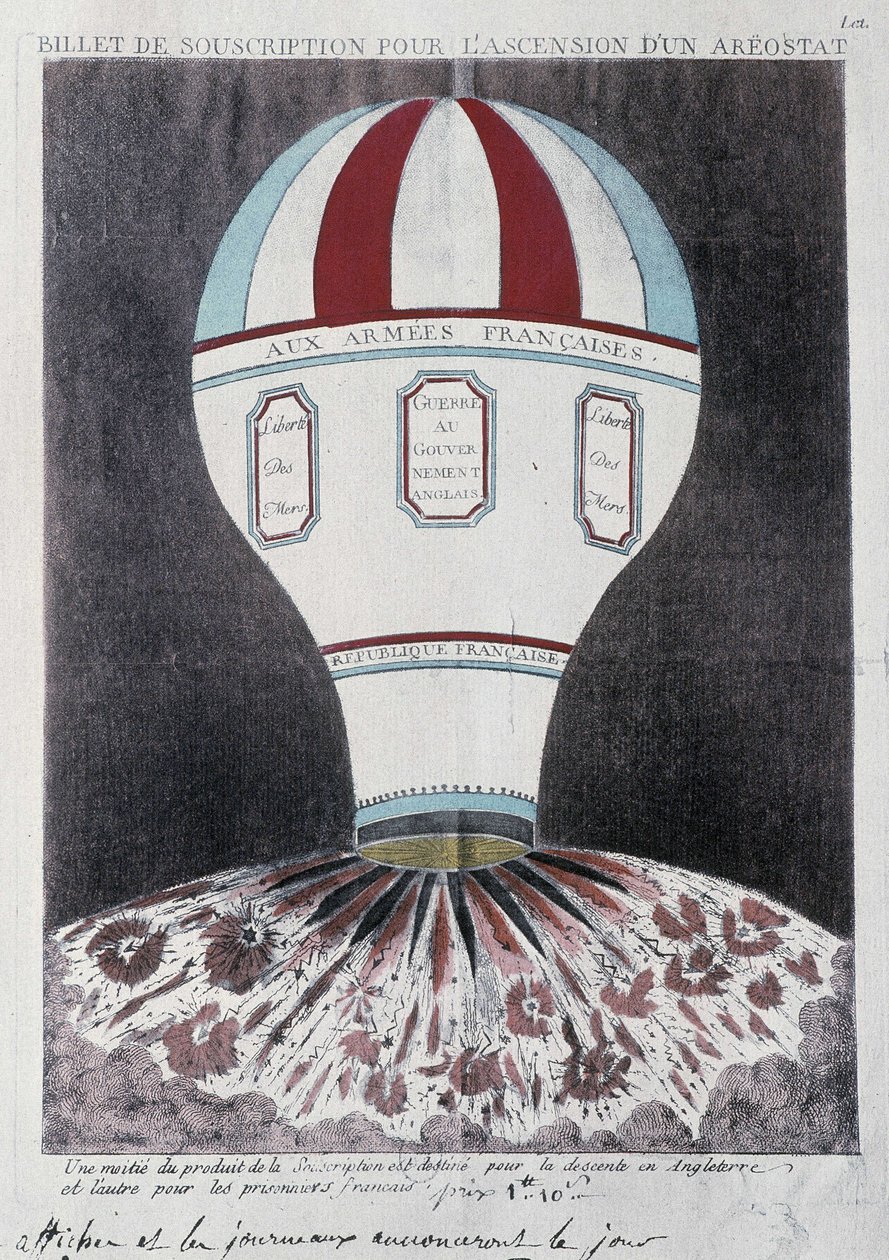 Subscription ticket for the rise of an aerostat to invade England, early 19th century by French School