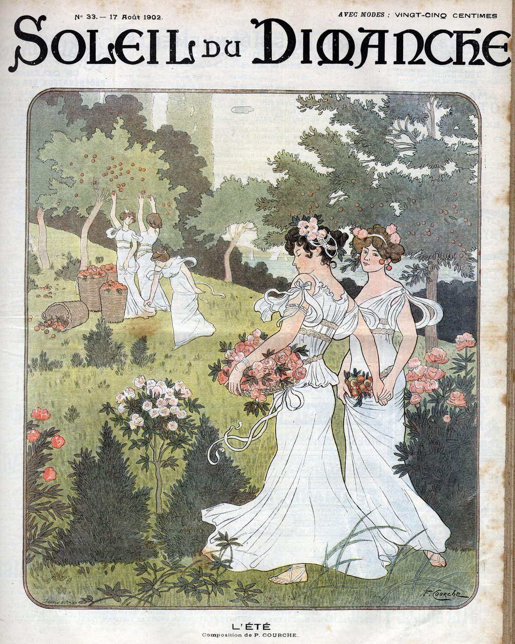 Summer Allegory: Women in White Dresses Holding Hands with Baskets of Roses in a Garden and Others Picking Apples from an Orchard by French School