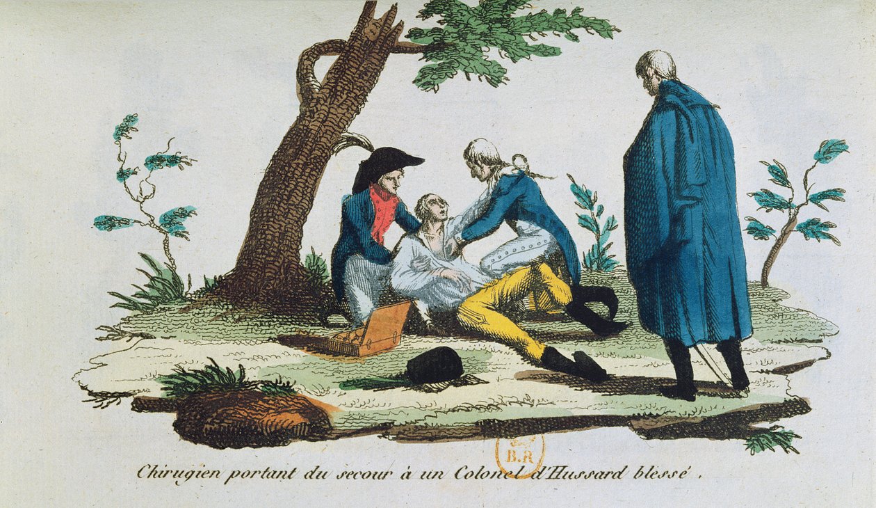 Surgeon operating on a colonel of the hussars on the battlefield by French School