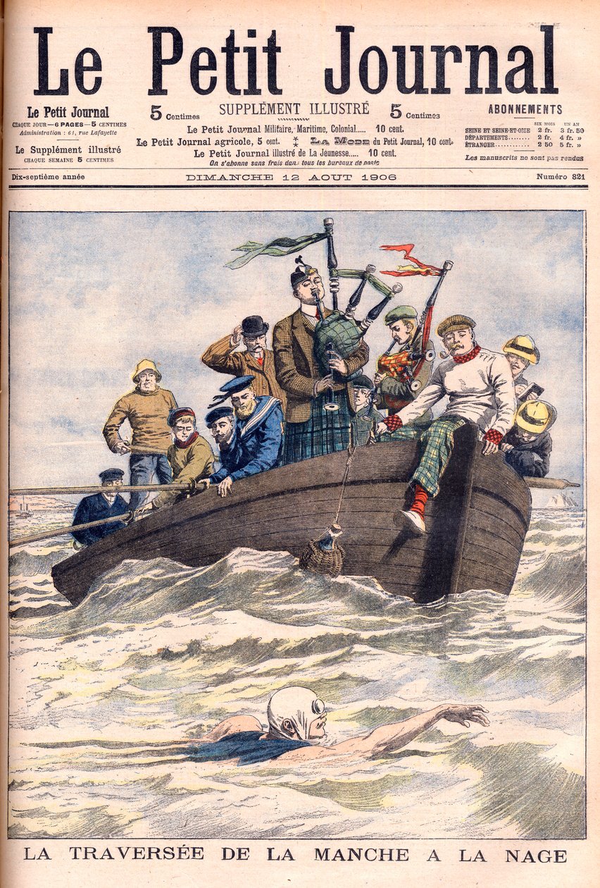 Swimming the English Channel. Englishman Jabez Wolffe making the first of his 22 unsuccessful attempts to swim across the Channel. Illustration for Le Petit Journal by French School