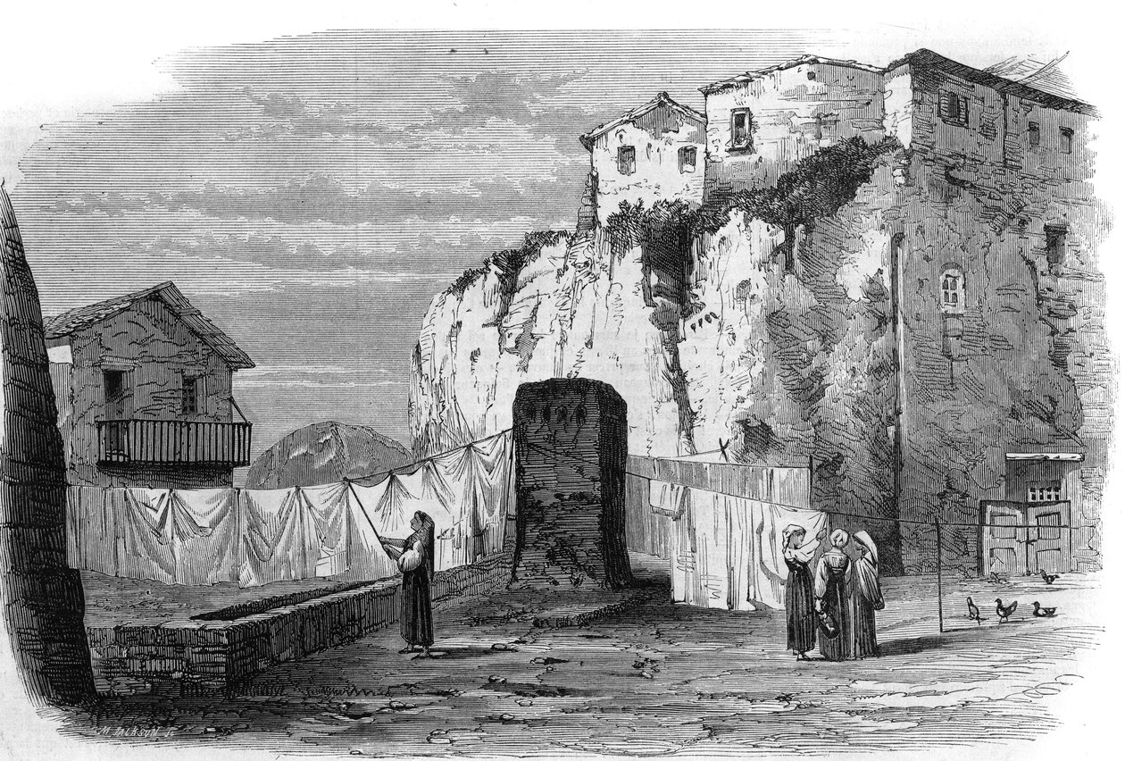 Tarpeian rock near the Capitol in Rome. Place of execution of the capital until the end of the Republic: criminals sentenced to death were precipitated from the cliff. Engraving after a drawing by M. Mariani in 