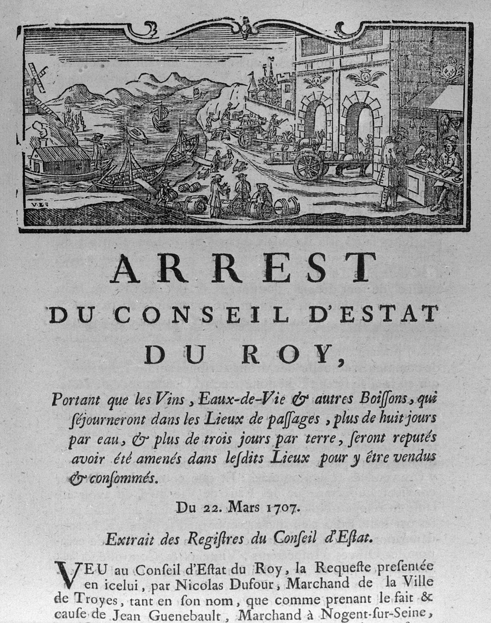 Tax Office at the Entrance of a City for Wines and Spirits, decree of The Council of State 22nd March 1707, from Registers of the Council of State of Paris, 1739 by French School