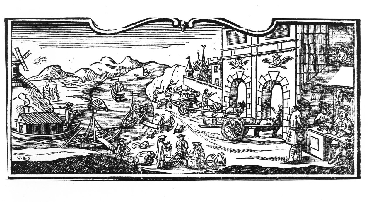Tax Office at the Entrance of a City for Wines and Spirits, decree of The Council of State 22nd March 1707, from Registers of the Council of State of Paris, 1739 (detail) by French School