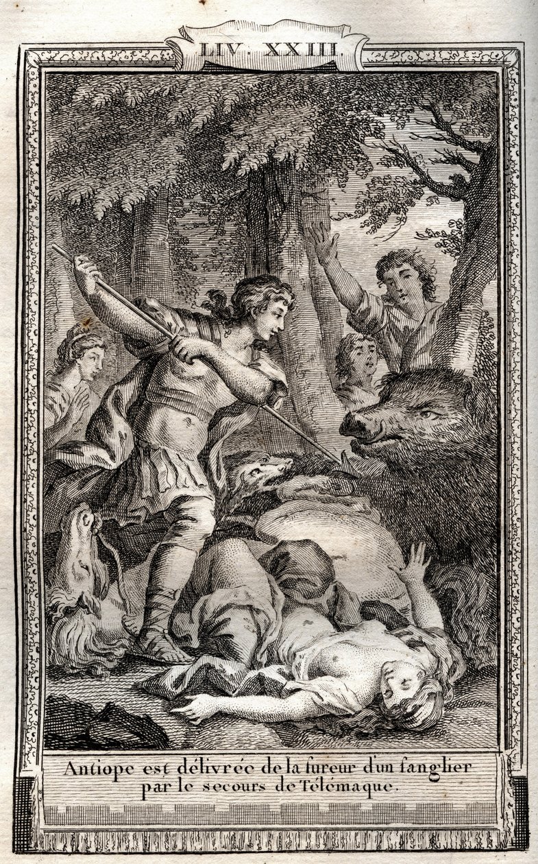 Telemachus rescues Antiope from a wild boar - engraving of 1798 in 