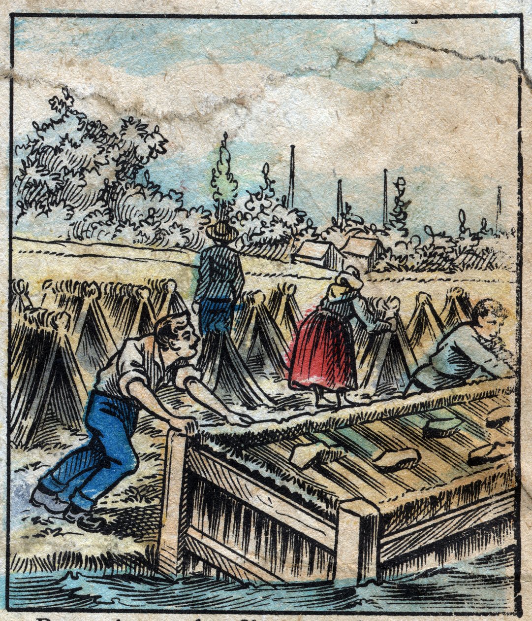 Textile, linen. Flax rust: To separate straw filaments, flax boots are dipped in water by French School