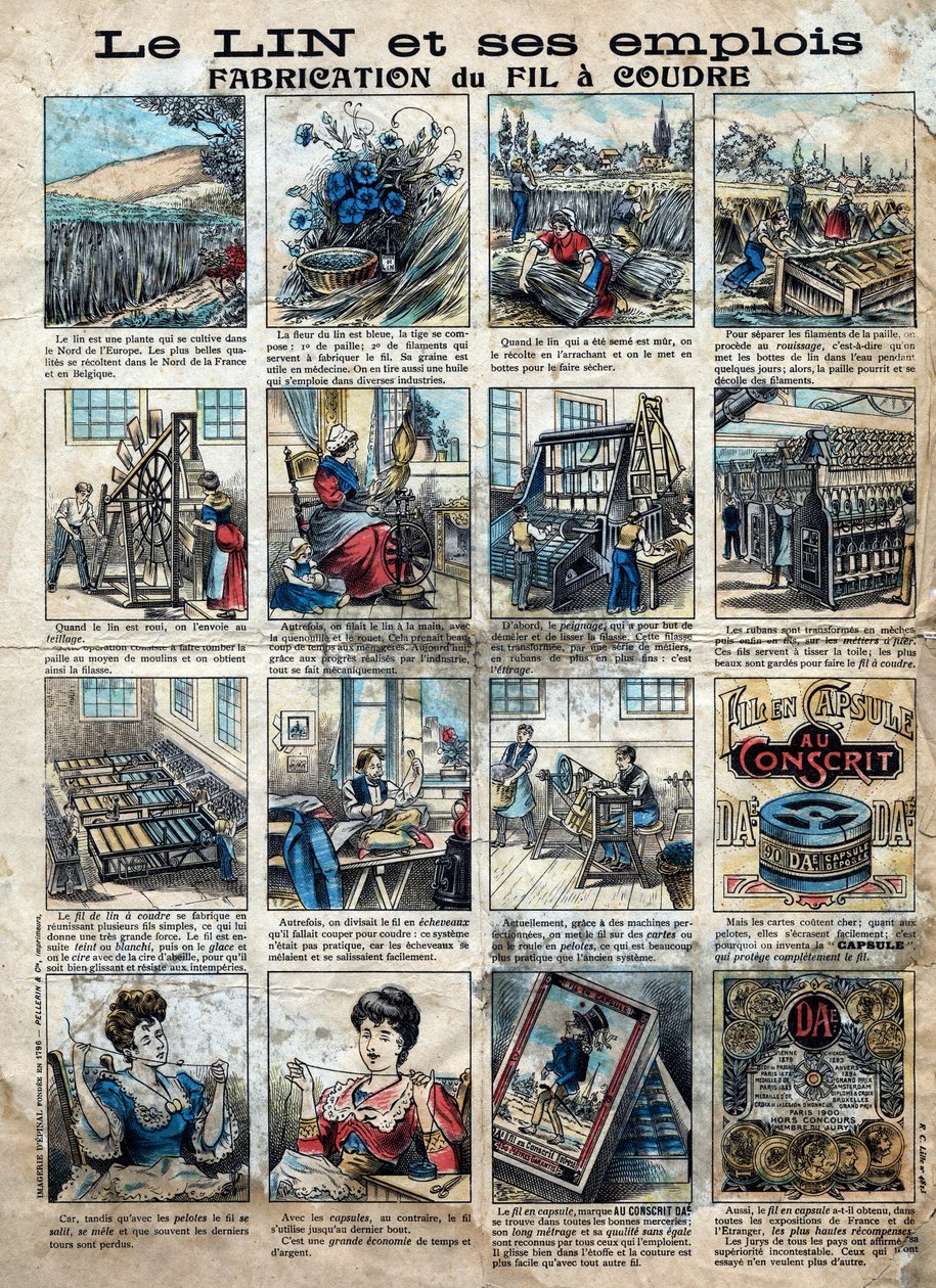 Textile, linen. The steps of sewing, manufacturing, use and marketing flax to make sewing thread. Engraving. Epinal imaging late 19th century. by French School