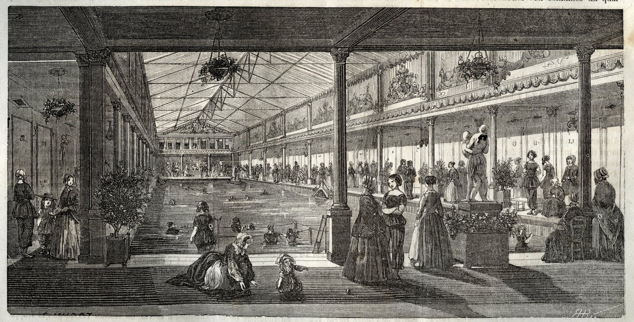 The Baths at Hotel Lambert, Ile Saint-Louis, Paris, mid-19th century - Hotel Lambert, Ile Saint-Louis, swimming school for ladies - Bain Lambert - Engraving in Tableau-de-Paris by Edmond Texier 1852 by French School