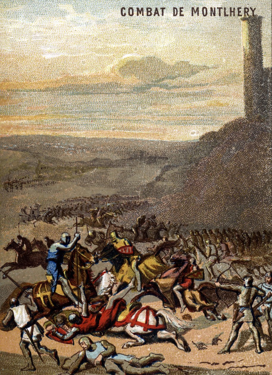 The Battle of Montlhery (1227): The kingdoms and the feodalite - Blanche de Castille, regente of his son Louis IX matte the revolt of the great feudal. Chromolithography of the Series Patriotic Education through Image by French School