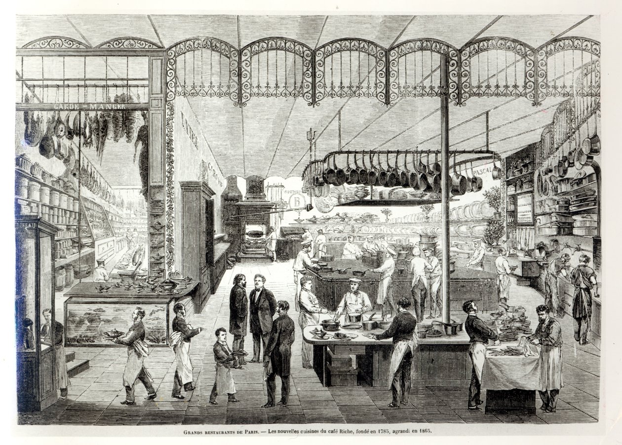 The Cafe Riche new kitchens, 1866 by French School