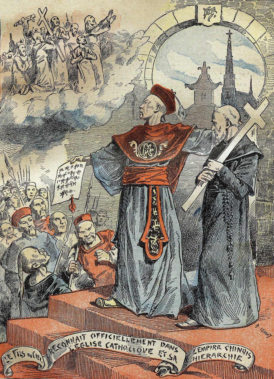 The Chinese Emperor Guangxu officially recognized the Catholic Church and its hierarchy. Engraving in Le Pelerin 25/05/1899. by French School