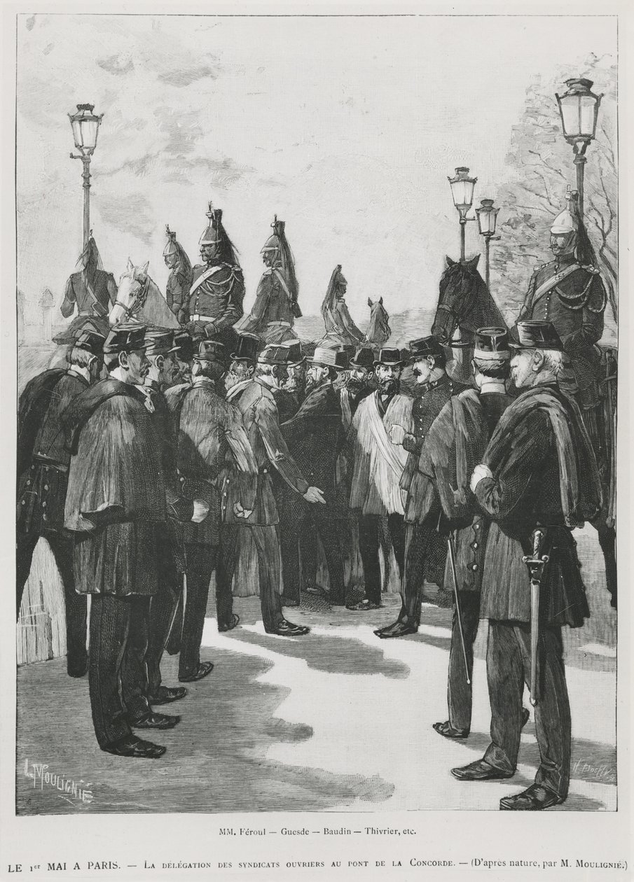 The Delegation of the Trade Unions at Pont de la Concorde during the Demonstration for the 1st May in Paris, 1st May 1890 (engraved by L. Moulignie) by French School