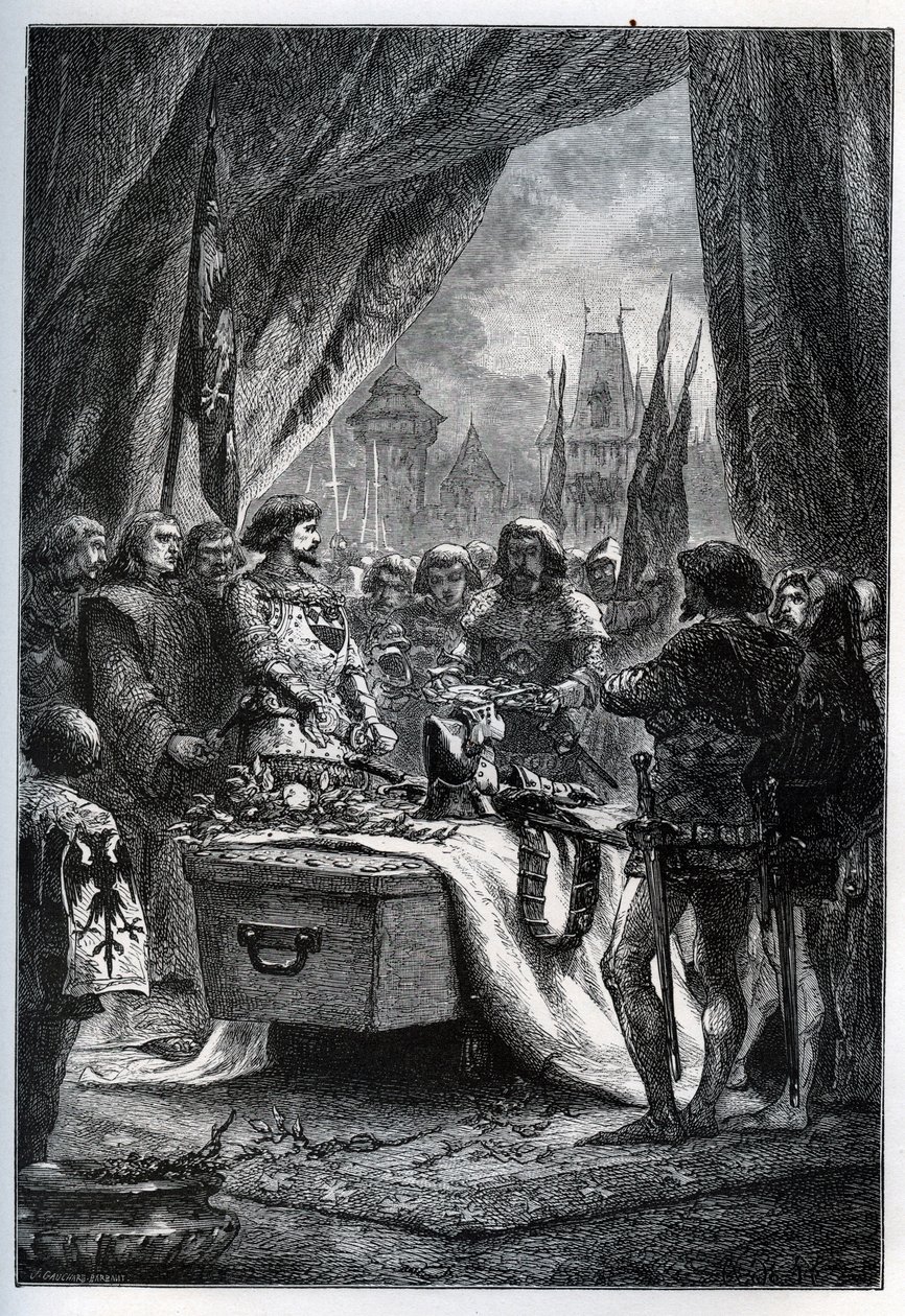 The English governor of Chateauneuf de Randon (Chateauneuf-de-Randon, Auvergne) surrendered and came to lay the keys to the square on the coffin of Bertrand du Guesclin (1320-1380), on 13 July 1380 in front of whom the city was besieging by French School