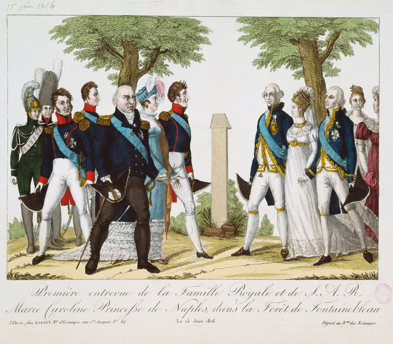 The First Meeting between Louis XVIII and Marie-Caroline-Ferdinande of Bourbon, at the Croix de St. Herem in the Forest of Fontainebleau, 15th June 1816 by French School