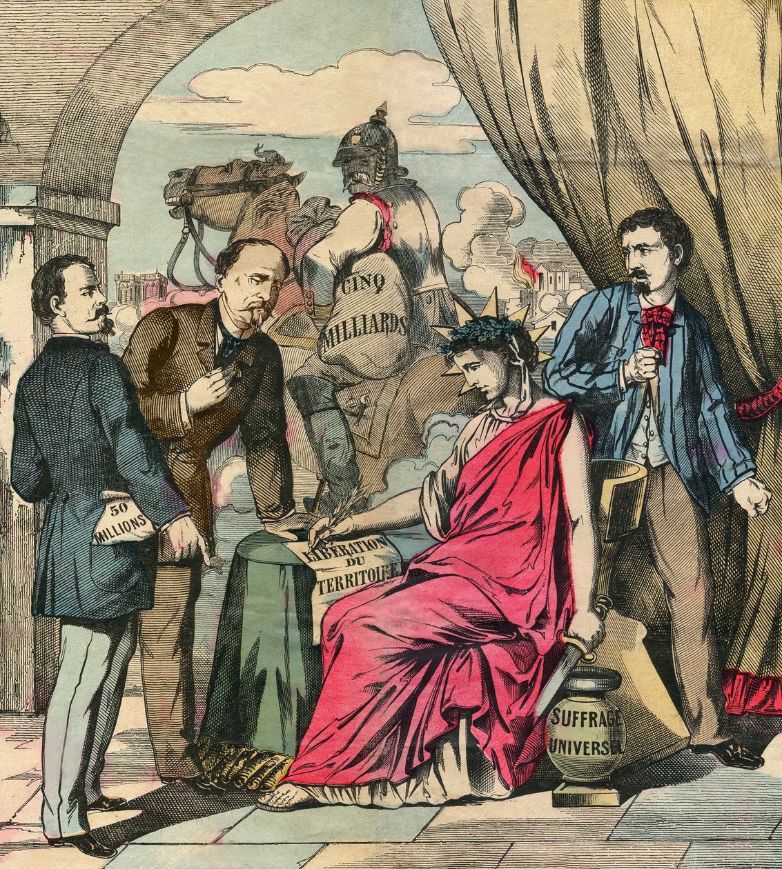 The Frankfurt Treaty signed on 10 May 1871 ended the Franco-German war, after negotiations between Adolphe Thiers and Otto von Bismarck: France had to cede Alsace and part of Lorraine, and pay 5 billion francs. Engraving, in Le Figaro, supplement, on by French School