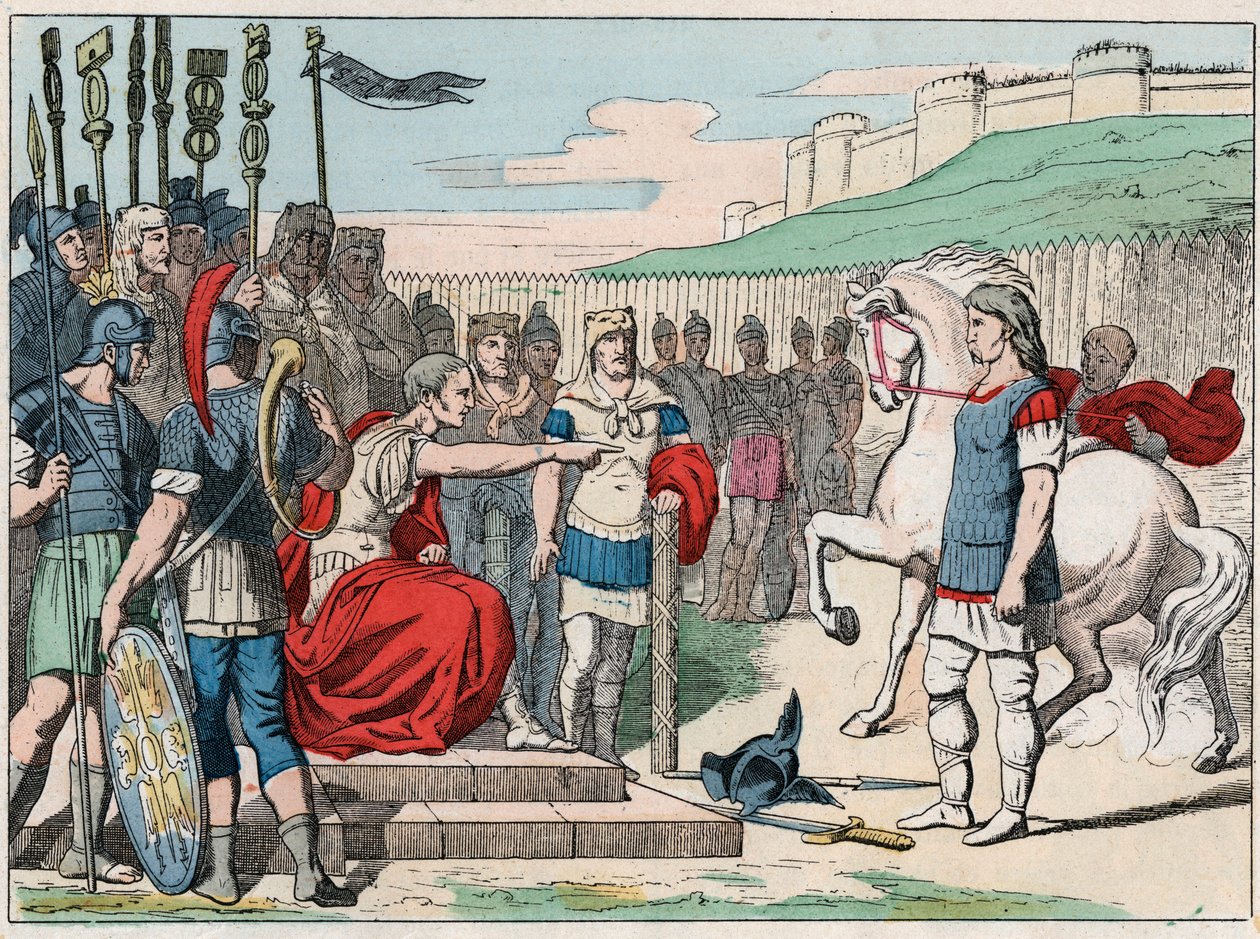 The Gallic chief Vercingetorix (80-46 BC) going to Julius Caesar (100-44 BC) to Alesia in 52 BC - Vercingetorix (72-46 BC) Gallic leader, surrendering to Caesar in Alesia (France) - Engraving of the end of the 19th century in 