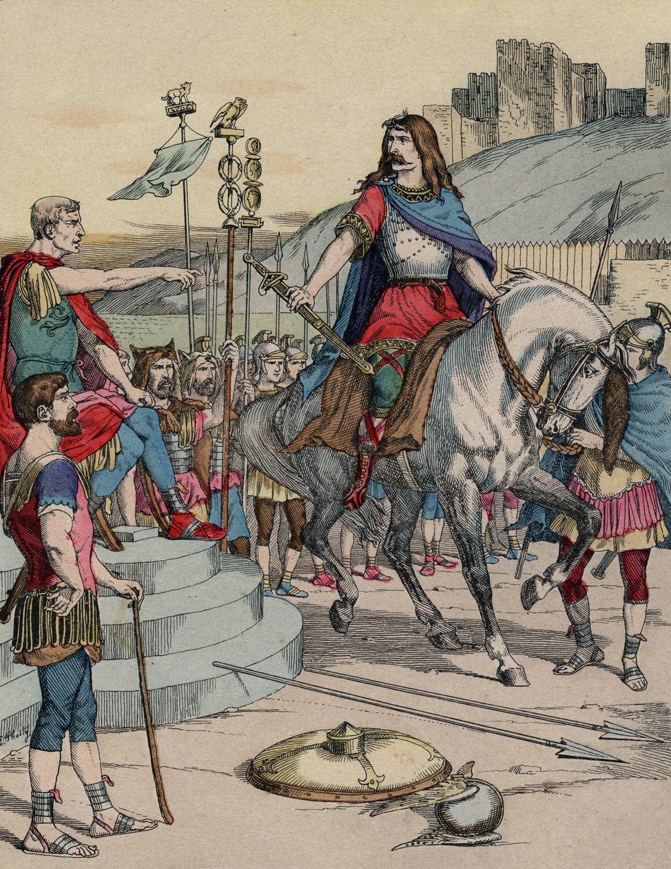 The Gallic chief Vercingetorix surrendering to the Roman chief Julius Caesar after the battle of Alesia in 52 BC by French School