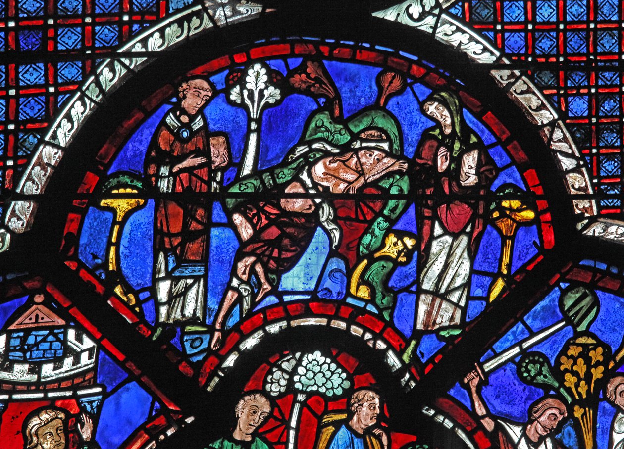 The Good Samaritan Window: A Priest and Levi Pass By by French School