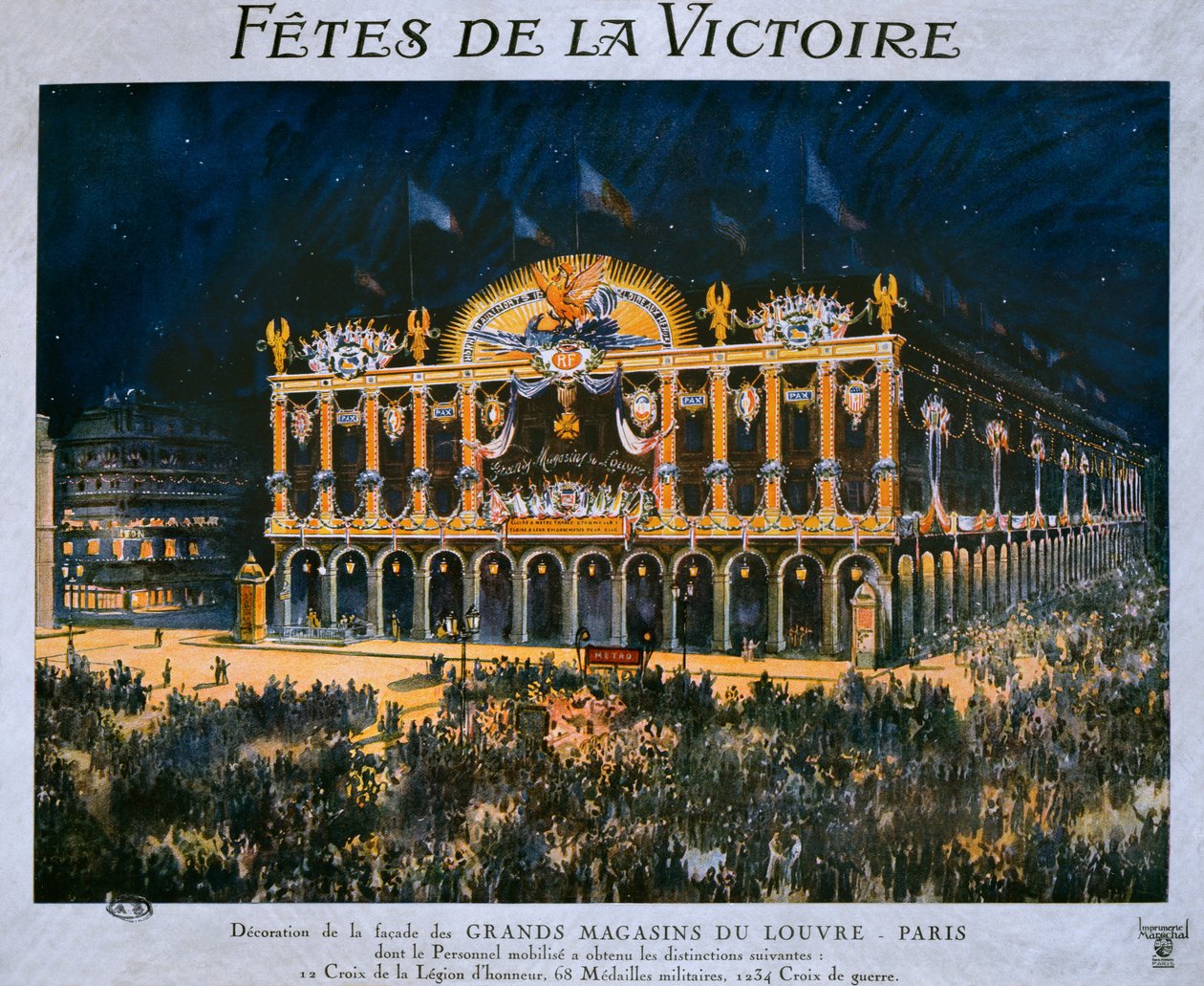 The Grands Magasins du Louvre decorated for the celebration of the 1918 Victory, 14th July 1919 by French School