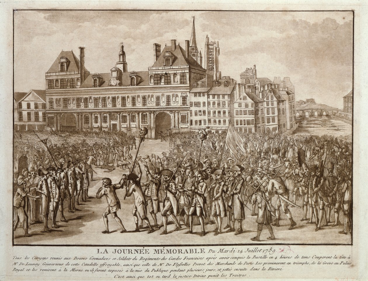 The Heads of Launay and Flesselles Promenaded before the Hotel de Ville by French School