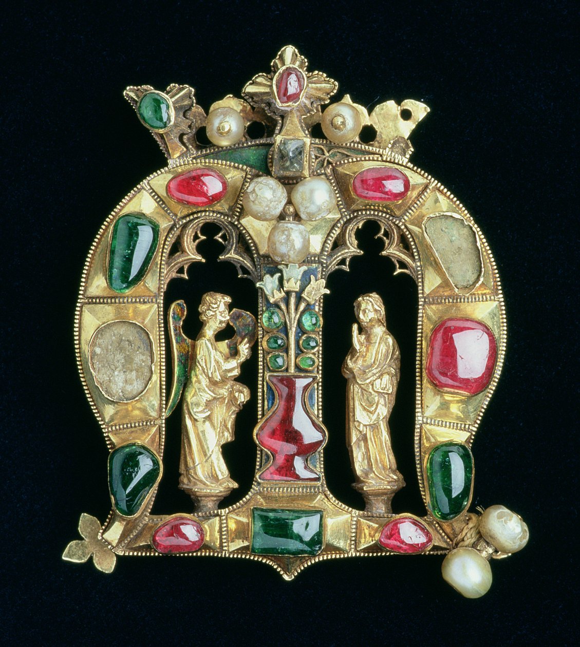 The Hylle Jewel, in the form of a crowned Lombardic initial M with annunciation figures, late 14th century by French School