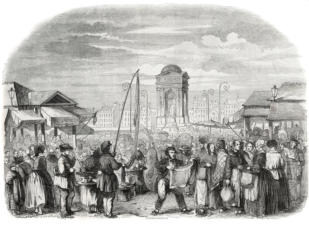 The Innocents march in Paris with the fountain - Engraving in 