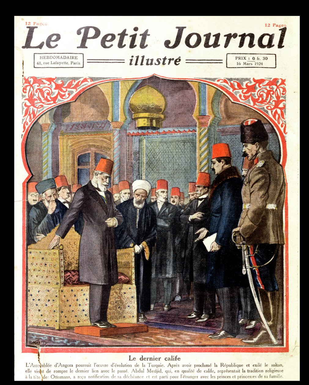 The Last Caliph, Abdul Majid II (1868-1944) Deposed from the Throne by the Ankara Assembly, from Le Petit Journal, 1924 by French School