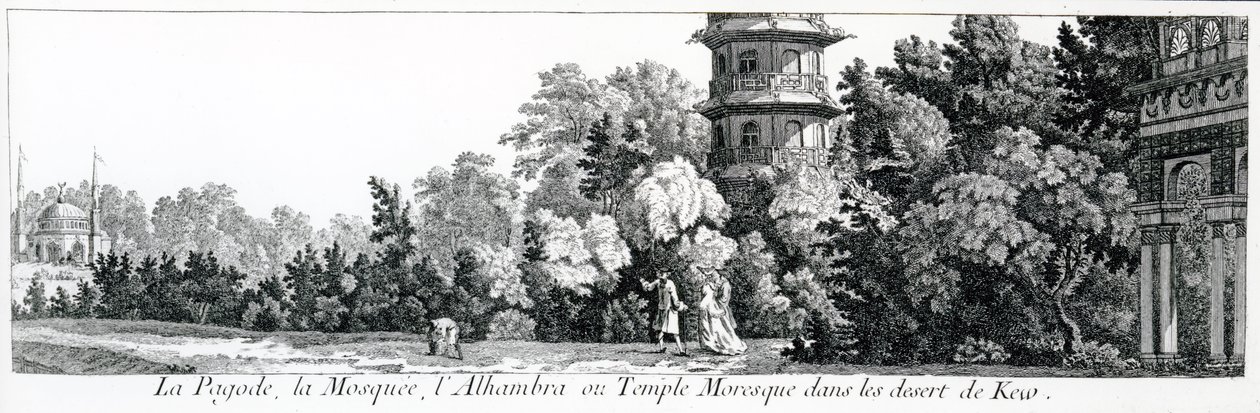 The Pagoda, the Mosque, and the Alhambra or Moorish Temple at Kew, from Jardins Anglo-Chinois a la Mode, by George Louis le Rouge, published 1775-78 by French School