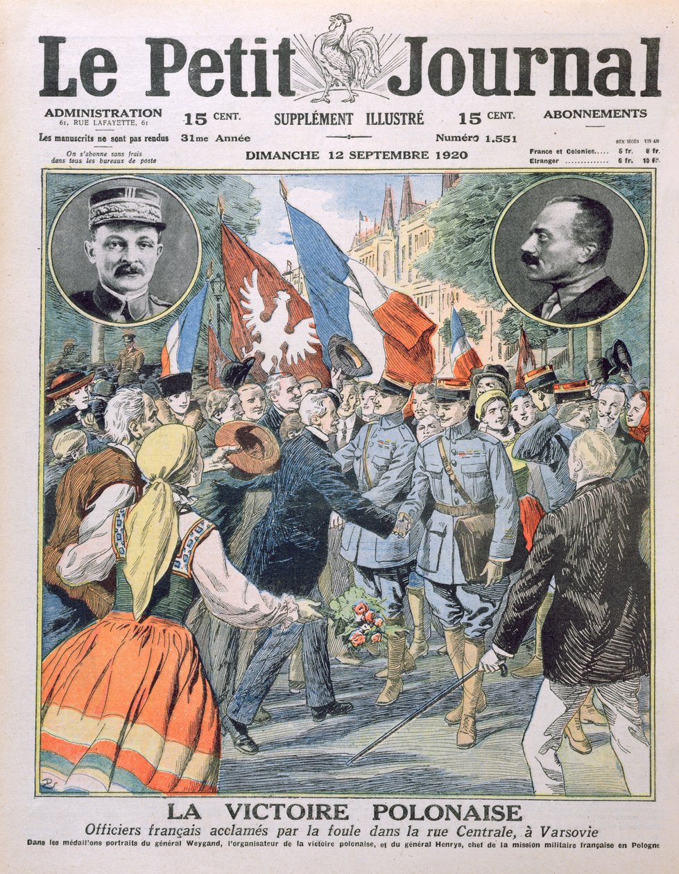 The Polish Victory, French officers being acclaimed by the crowd in the Central Street in Warsaw, cover illustration of Le Petit Journal, 12th September 1920 by French School