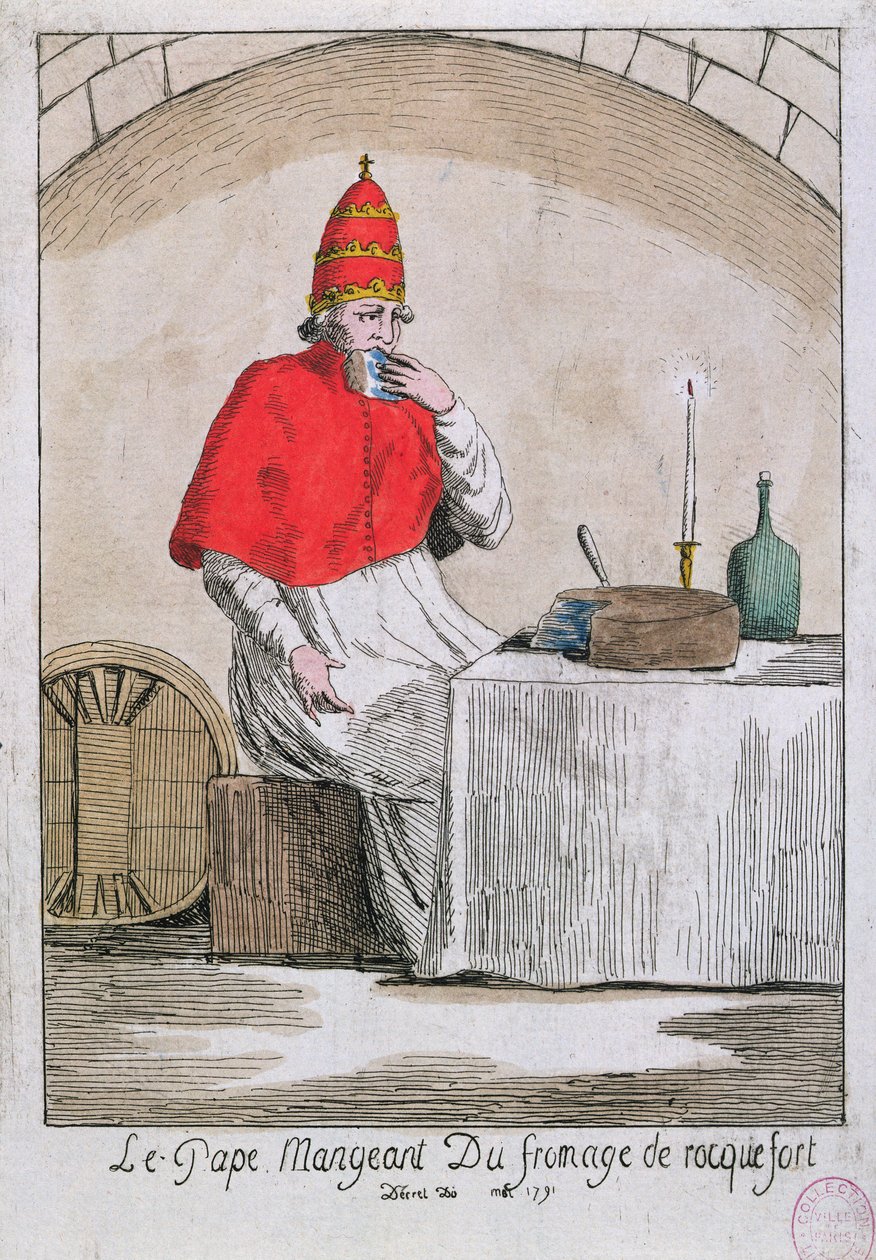 The Pope eating Roquefort cheese, 1791 by French School