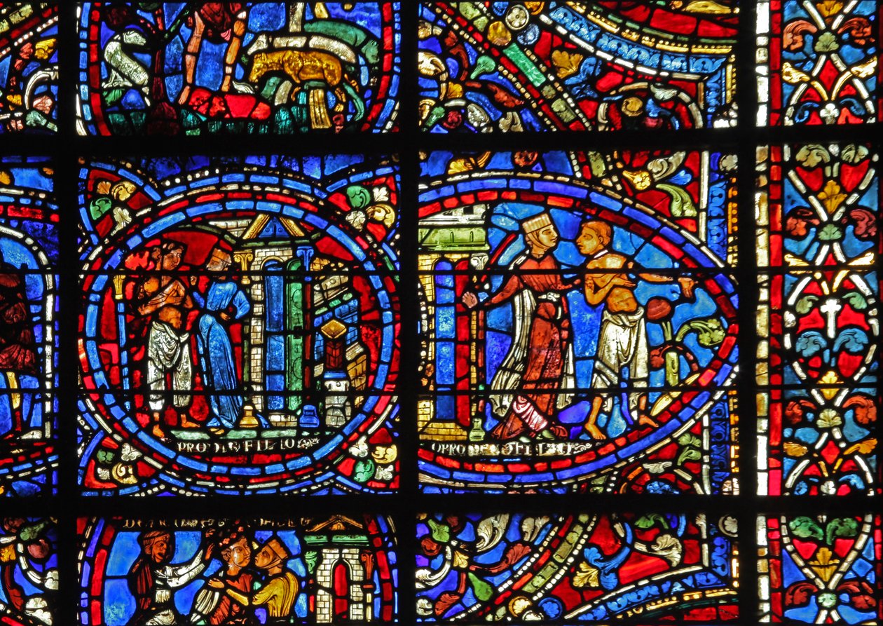 The Prodigal Son window: a courtesan throws him out by French School