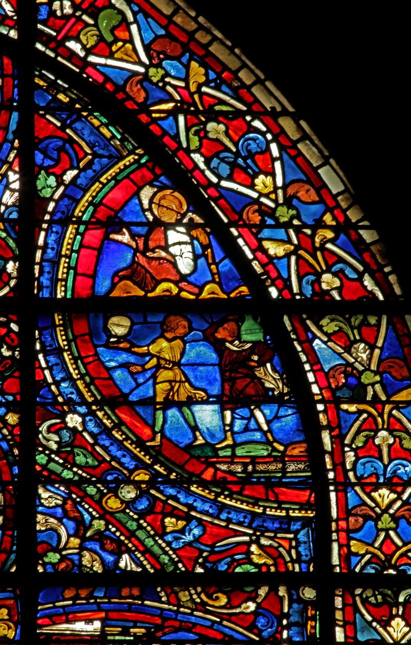 The Prodigal Son window: butlers serve the meal; an angel by French School