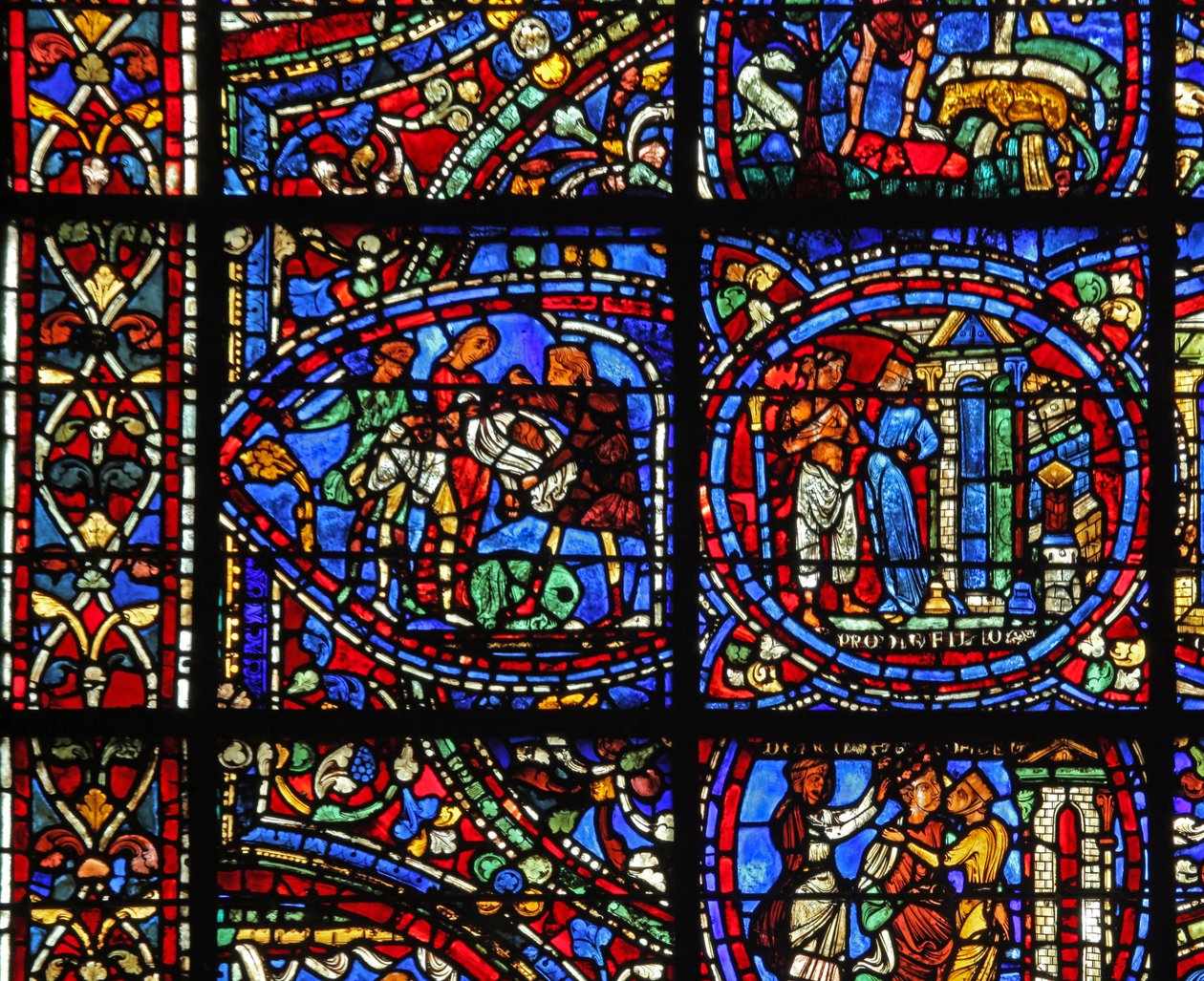 The Prodigal Son window: he is attacked; a courtesan throws him out by French School