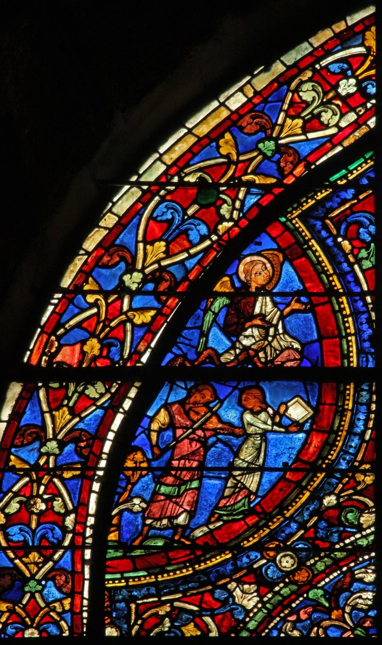 The Prodigal Son window: musicians at the feast; angel by French School