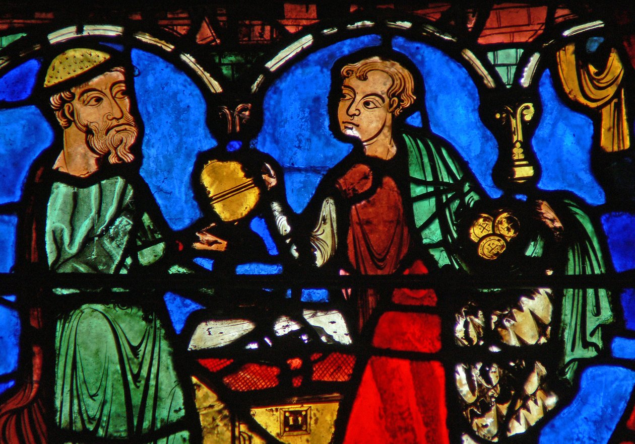 The Prodigal Son window: receives his inheritance by French School