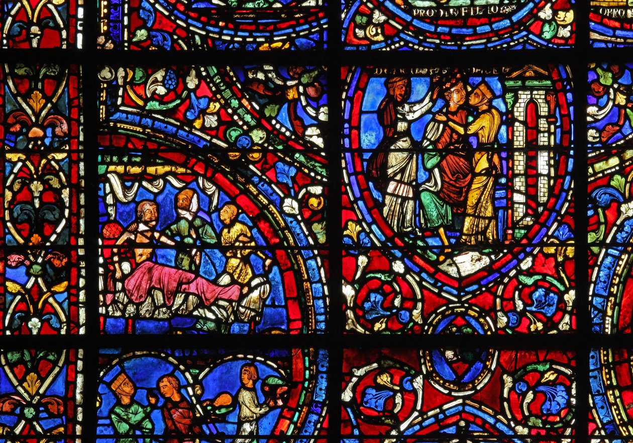 The Prodigal Son window: visited in bed; women fete him by French School