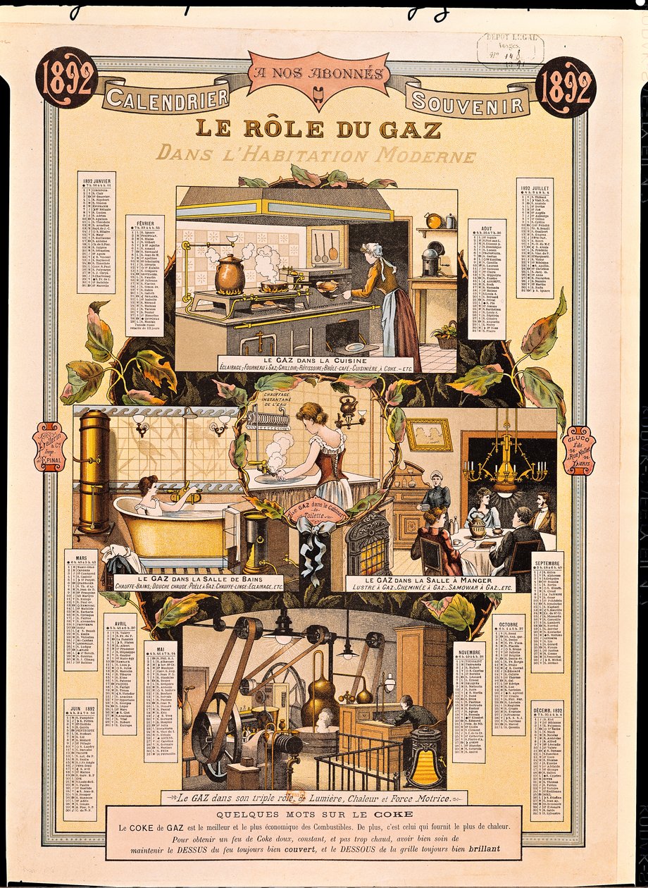 The Role of Gas in modern houses, from a French Gas Company calendar, 1892 by French School