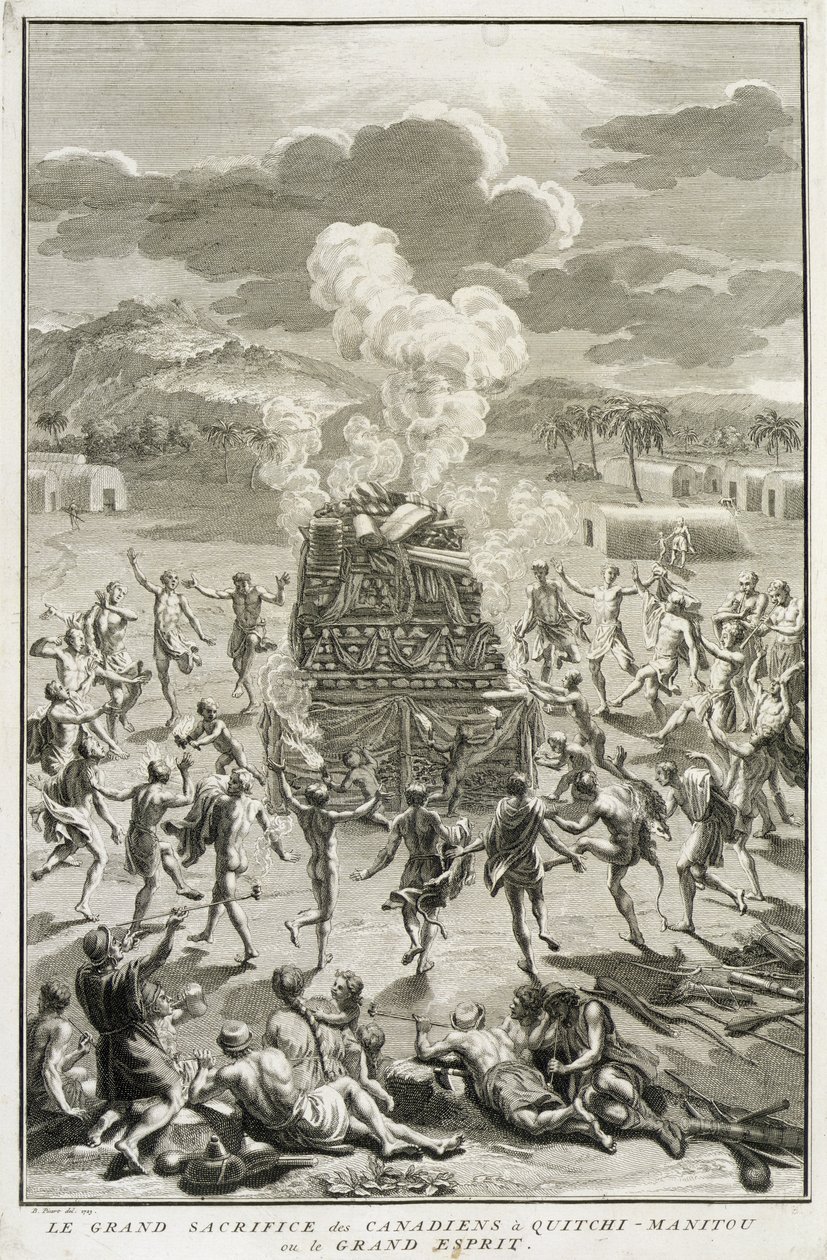 The Sacrifice to Quitchi-Manitou, or The Great Spirit, by the Canadians, Illustration from Religious Ceremonies and Customs, Engraved by Bernard Picart by French School