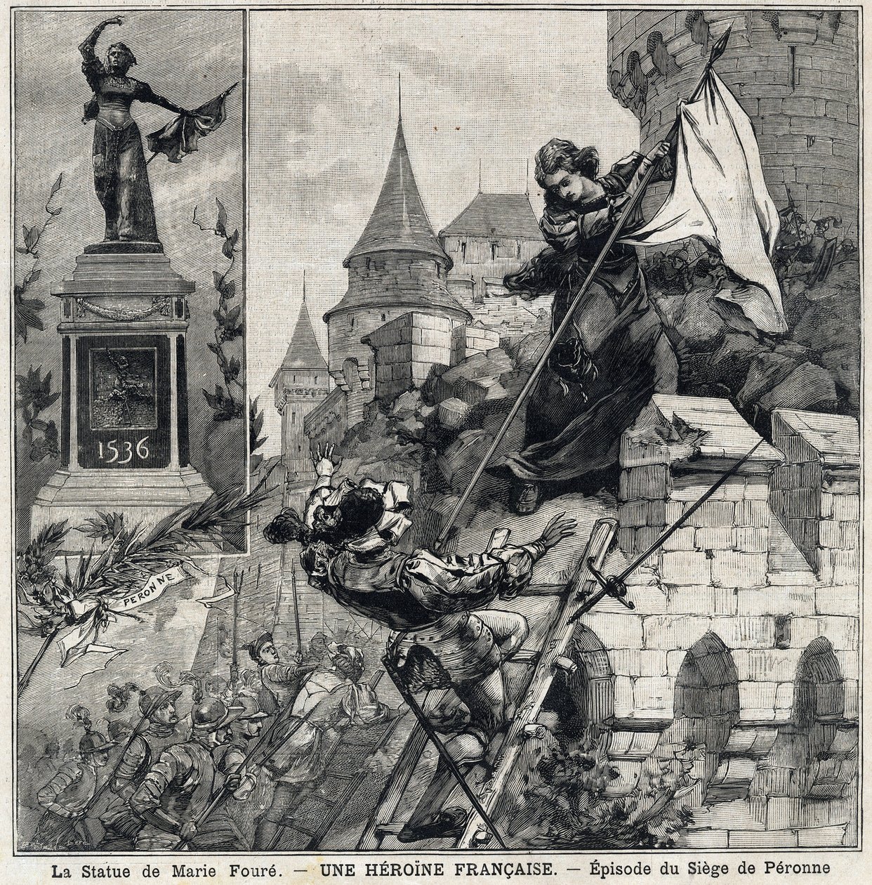 The Statue of Marie Foure: Catherine de Poix, known as Marie Foure, French heroine defending the city of Peronne in 1536 during the invasion of Charles V