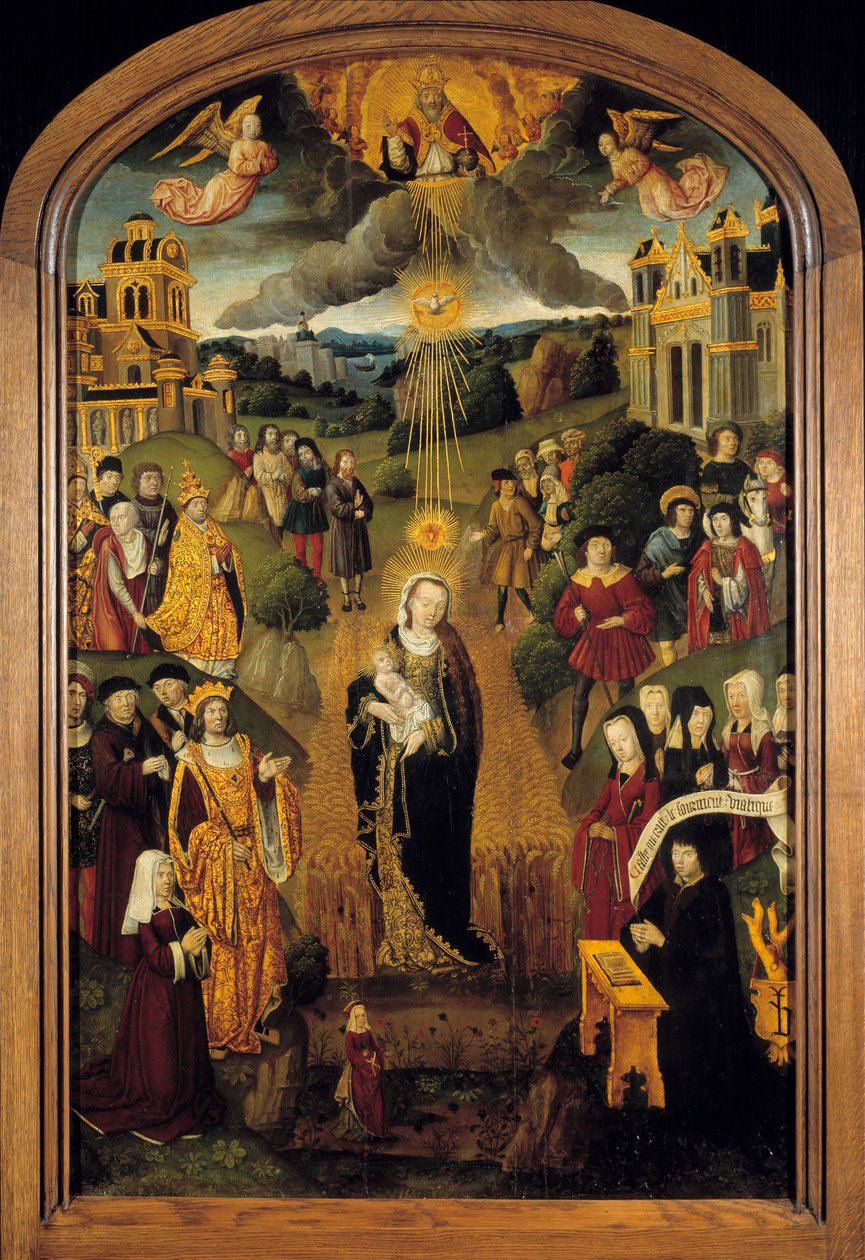 The Virgin with Wheat King Louis XII (1462-1515) and Pope Alexander VI (1431-1503) are present. Almighty God holding the Globe blessed the scene while the Holy Spirit protected the Virgin and the Child by French School