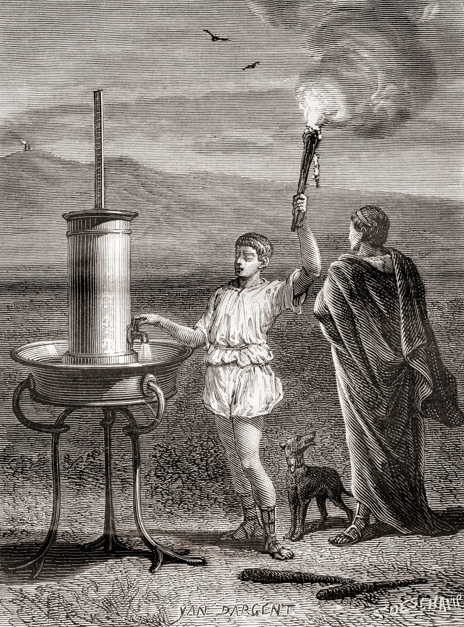 The ancient Greek hydraulic semaphore system being used by Aeneas to send a message, 4th century BC, from Les Merveilles de la Science, published c.1870 by French School