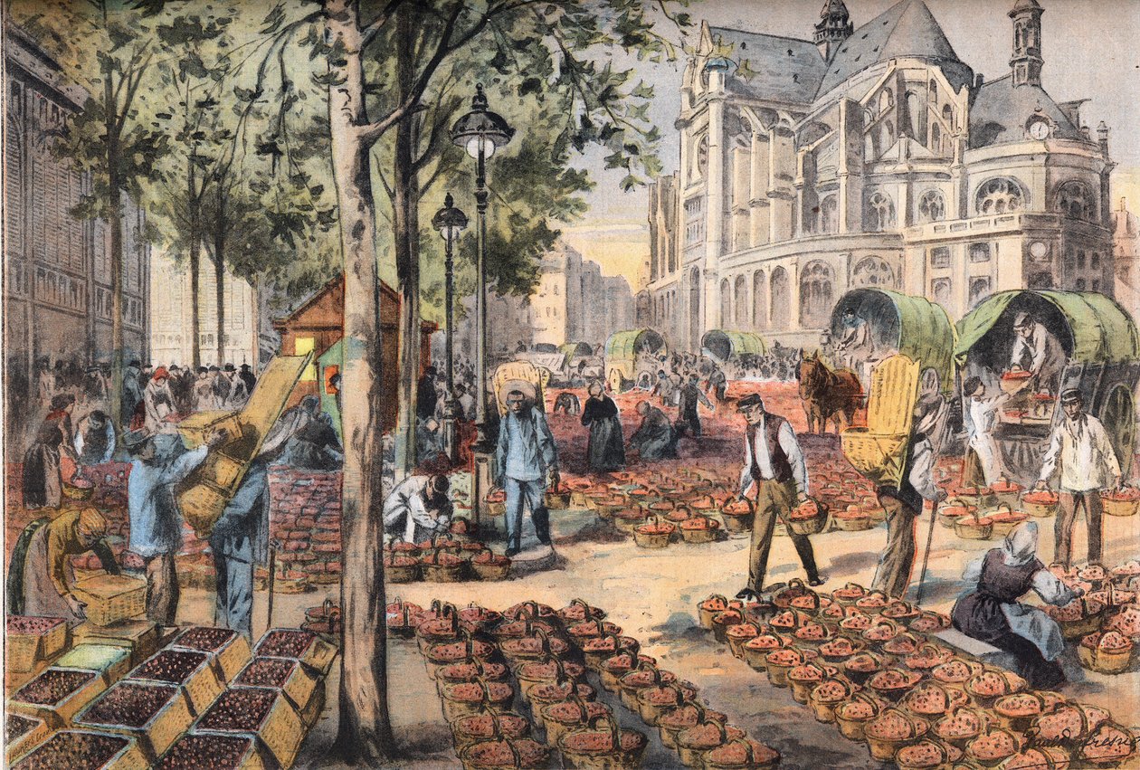 The arrival of strawberries on the tile of the halls behind the church of Saint Eustache, from the newspaper 
