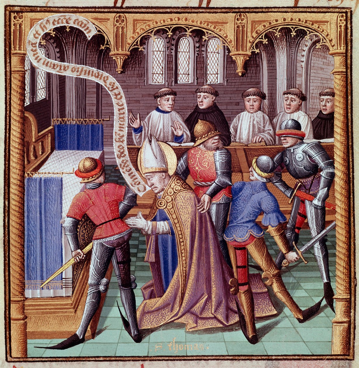 The assassination of Thomas Becket in 1170 (Assassination of Saint Thomas of Canterbury). Miniature taken from 