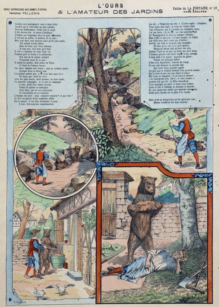 The Bear and the Garden Lover - Fables de La Fontaine in Images of Epinal by French School