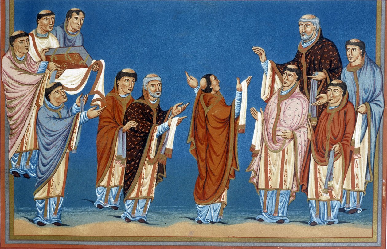 The canons of Saint Martin of Tours offering King Charles II called the Bald a Bible written in their abbey by French School