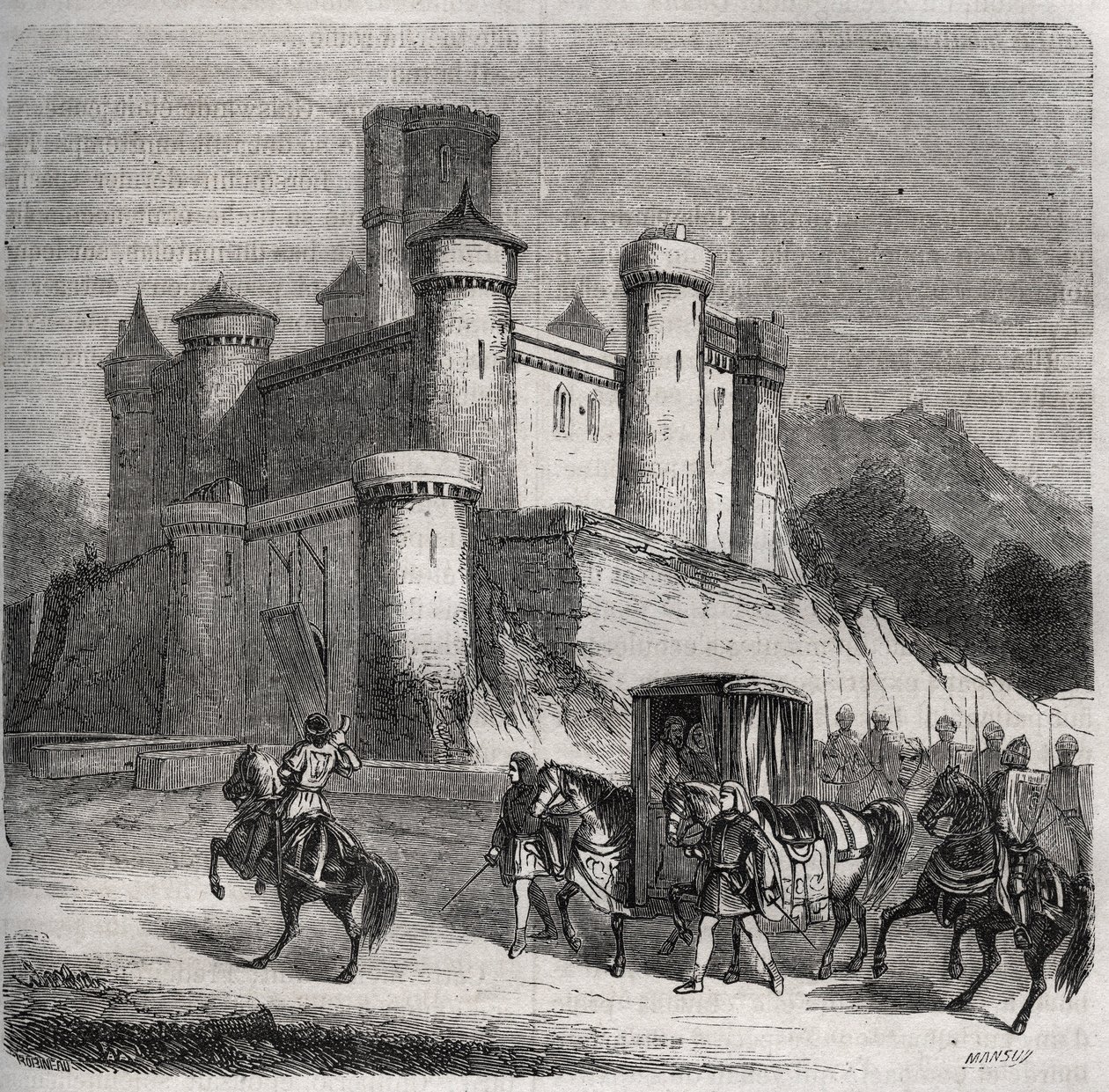 The cortege of Rigonde (around 569-after 589) leaves Paris to go to her fiance, Prince Recarede. Engraving from 1871 in Histoire Des Cocus Celebres by Henry de Kock (1819-1892) by French School