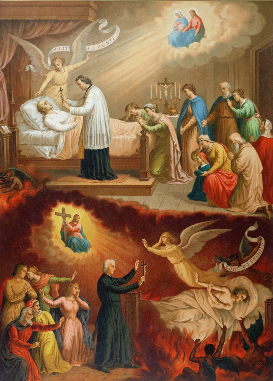 The death of the righteous man and the death of the sinner, illustration from a pictorial catechism, end of nineteenth century by French School