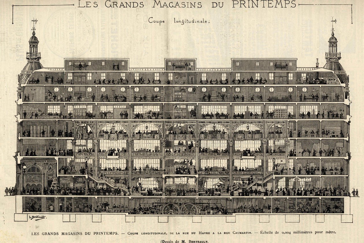 The department stores of Printemps in 1889, longitudinal section, from Rue du Havre to Rue Caumartin, drawing by Berteault, Bianchetti collection by French School