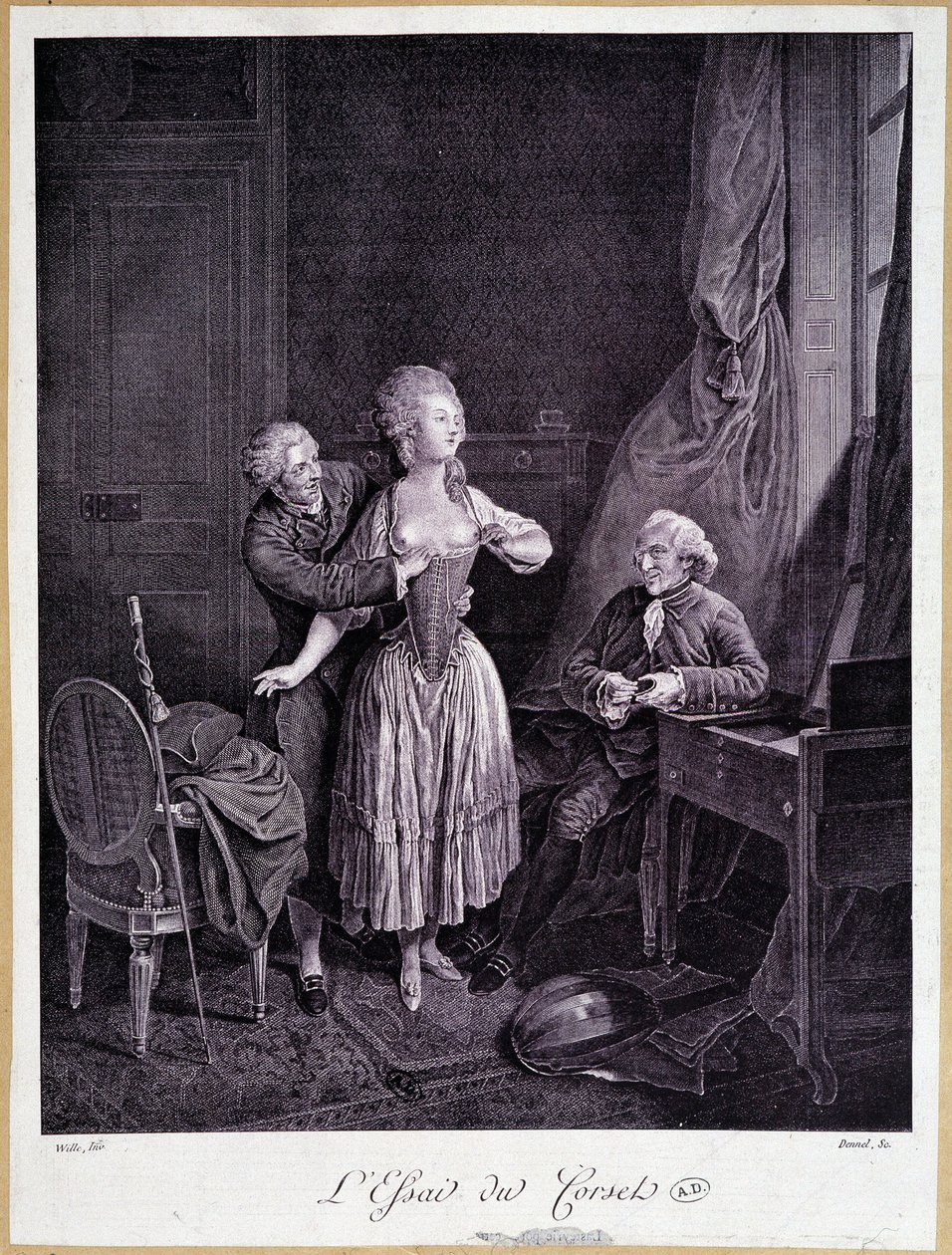 The essay of the corset (two men and one woman with stripped breasts) - 18th engraving by French School