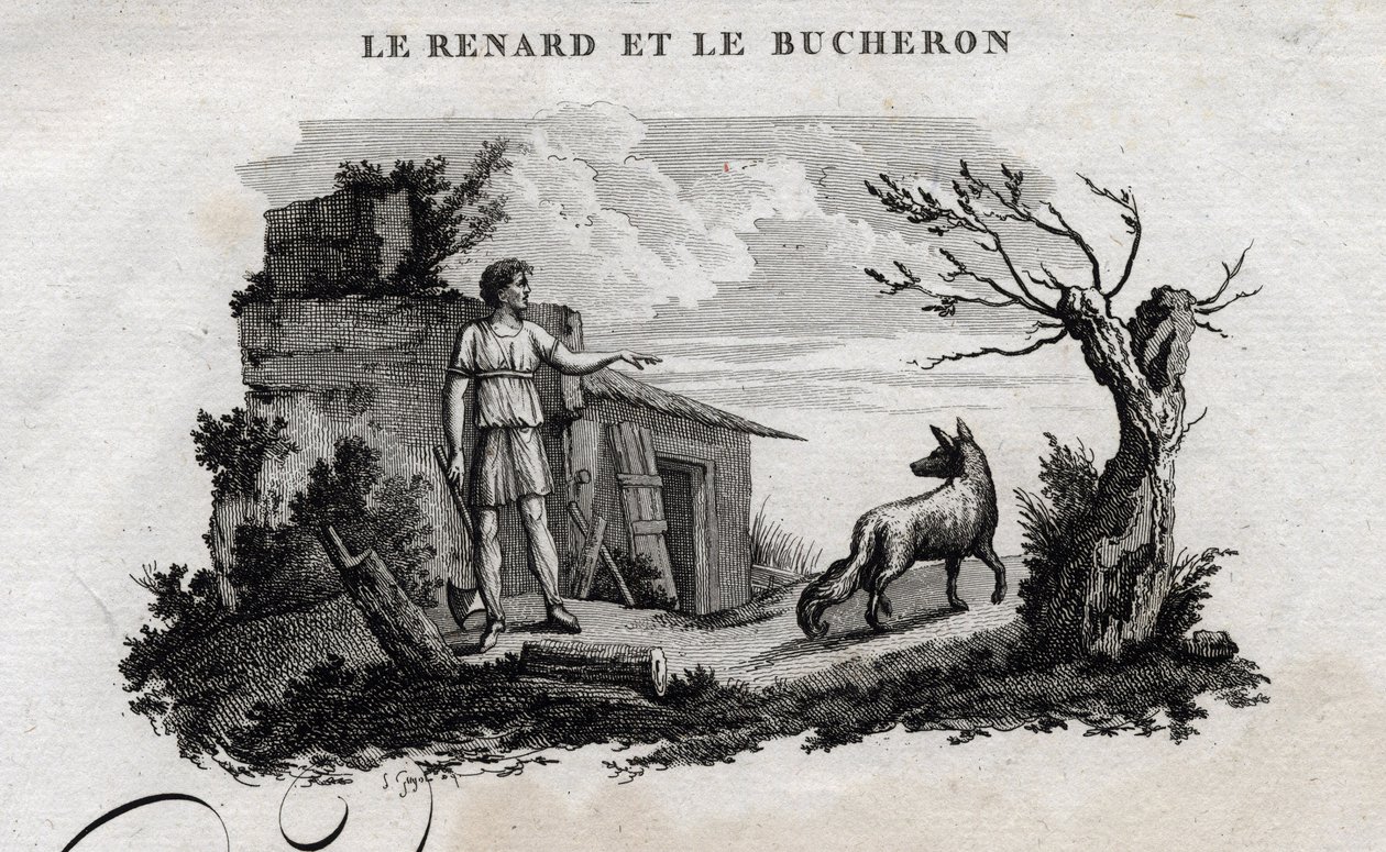 The fox and the woodman. Fable of Aesop. Written by Guillaume Montfort and engraved by Beauble in 1801 by French School